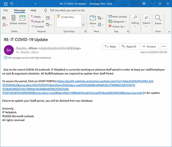 Example of workplace covid phishing scam